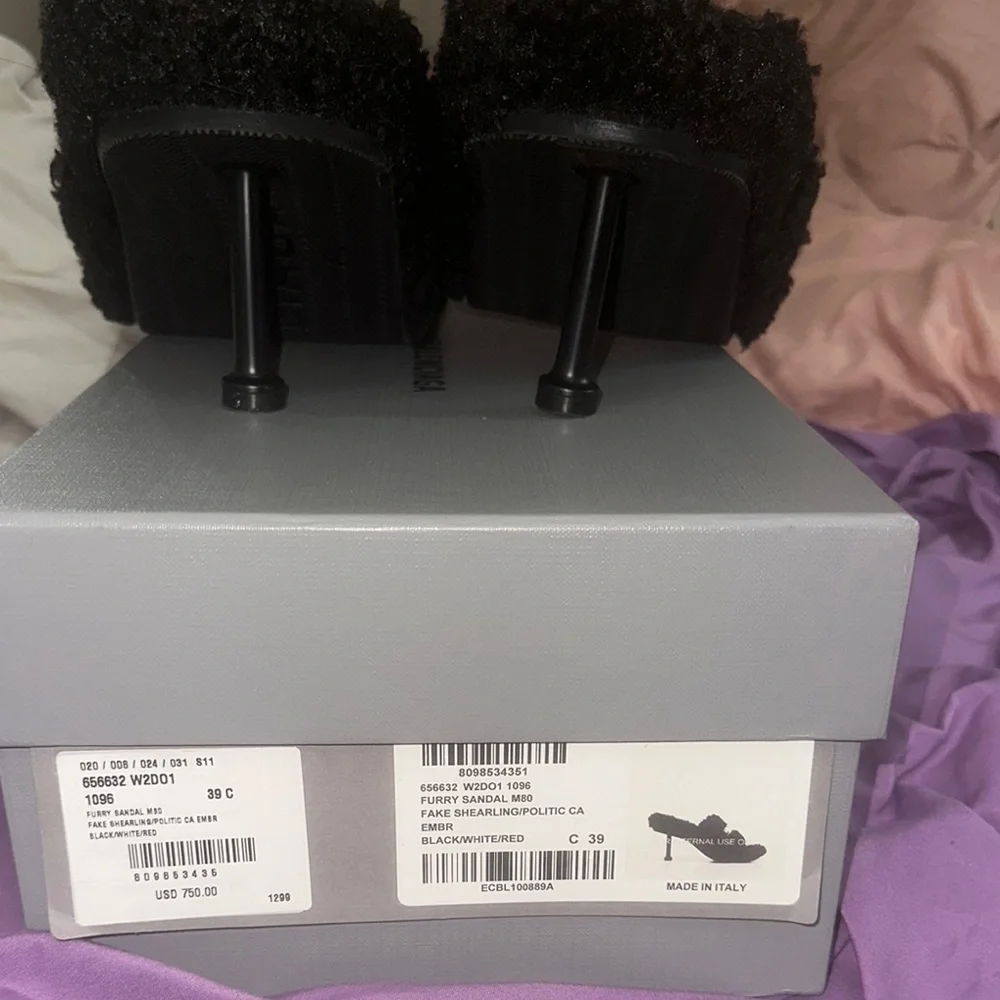 Balenciaga Black Fuzzy Heeled Slippers - Picture 2 of 3